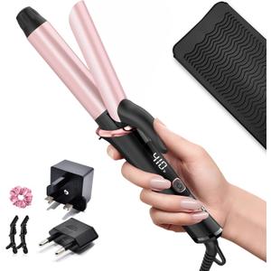 Travel Curling Iron 1 Inch,Dual Voltage Curling Iron 110-240V with European Plug,Small Curling Wand for Women & Short Hair, 5 Temp Digital Settings, Auto-Off, Anti-Scald,Heat-Resistant pad (Rose Gold)