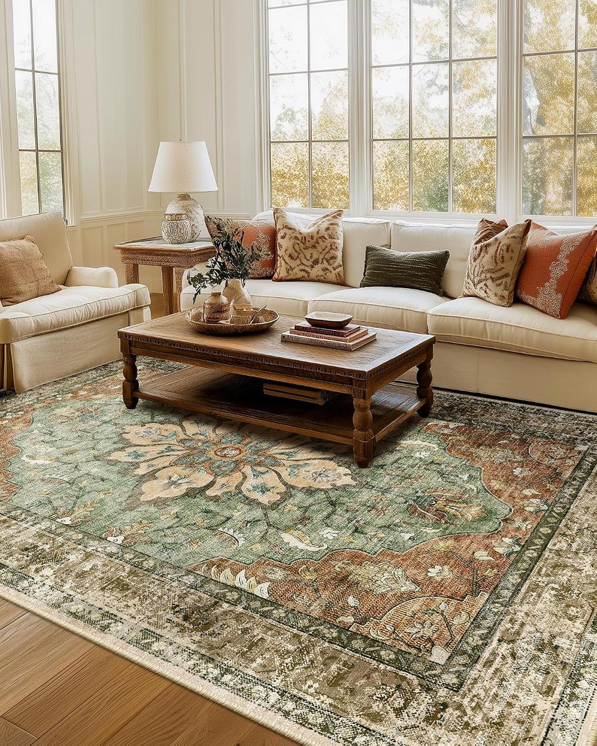 RELEANY Area Rugs 7'x9' Washable Non-Slip, Floral Vintage Distress Print Pattern Medallion Carpet for Living Room Bedroom Dining Room, Brick Red Rust Neutral Brown Burnt Orange Green