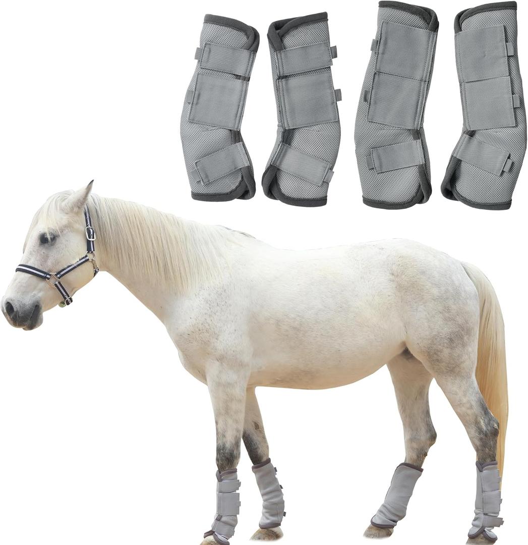 Adjustable Horse Fly Boots Set of 4, Equine Leg Protection Reduce Stomping, Breathable Mesh Fly Boots for Horses, Horse Leggings Leg Guards (02 Cob, Grey)