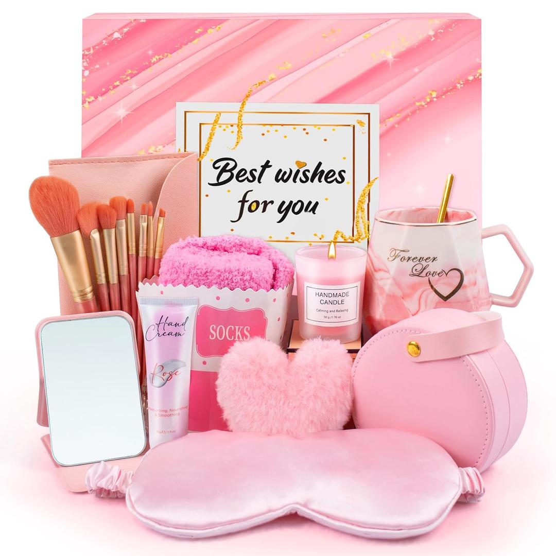 Valentine's Day Gift Basket for Women, Pink Self Care Package for Her, Romantic Love Gift Box for Girlfriend or Wife, Birthday Anniversary Get Well Holiday Gifts Set for Teen Girl Mom Sister & Friend