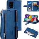 UEEBAI Wallet Case for Samsung Galaxy A52 4G/5G A52S 5G, Retro 9 Card Holder Slots Zipper Pocket Handbag Case PU Leather Magnetic Closure Kickstand with Wrist Strap TPU Shockproof Flip Case - Blue
