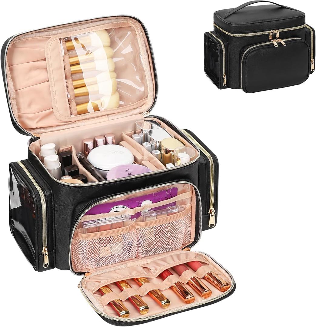 Bagmoly Large Makeup Bag, Portable Travel Makeup Bag Organizer for Women Girls with Makeup Brush Compartment & Two Side Pockets, Cosmetic Travel Bag Vertical Storage Toiletry Bag - Black