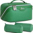BOYATU Travel Makeup Bags for Women: Large Cosmetic Organizer Bag - Vegan Leather Make up Bag Set of 3 - Protable Toiletry Bags with Compartments (L19 Green) (L19 Green)