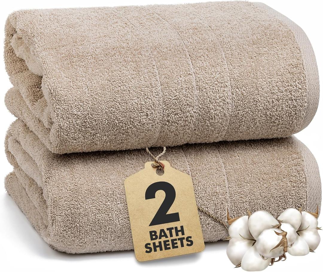 Bath Sheets  Extra Large Bathroom Sheet Set  Pack of 2 Jumbo Towels Beige (71x35in)  100% Cotton Soft Quick Dry Large Bath Towels for Adults Hotel Spa Bathroom Use
