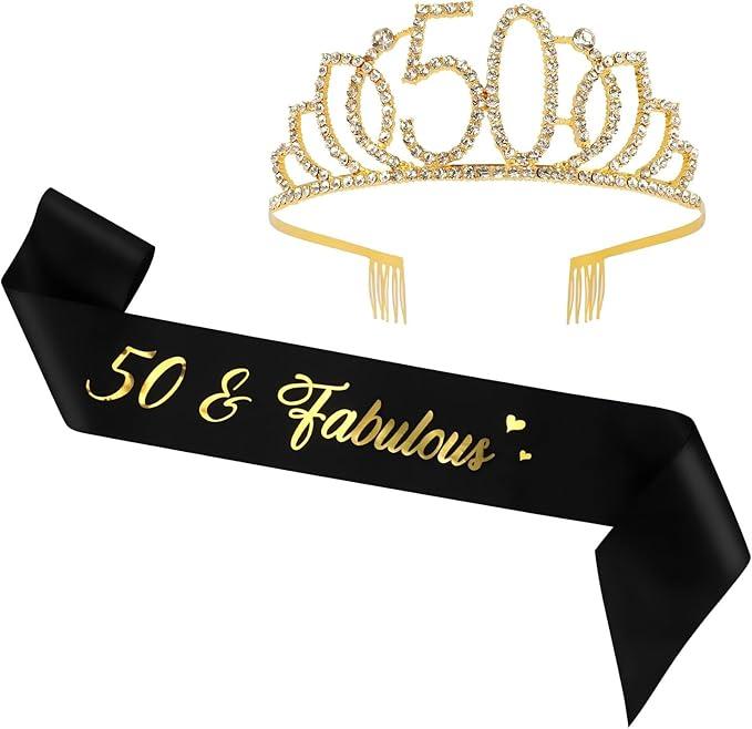50th Birthday Sash and Crown for Women,50th Birthday Decorations,50 & Fabulous Birthday Gifts,Birthday 50th Woman Party Decorations