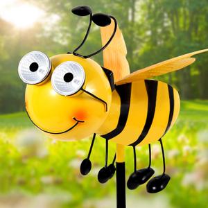 Metal Bee with Solar Light Eyes Bee Yard Art Garden Decorations - Decorative Garden Stakes for Garden Lawn Fence Backyard Patio Outdoor Wall Art Gifts