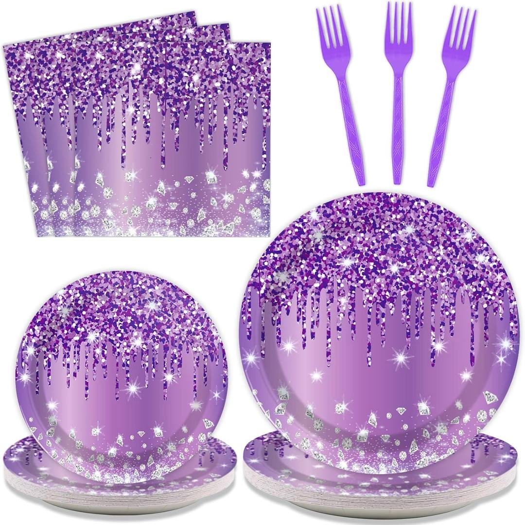 96 Pcs Purple Silver Tableware Set for Birthday Party Decor Disposable Dessert Plates Napkins Forks for 24 Guests Elegant Purple Tableware for Women Girls Baby Shower Bridal Shower Party Supplies