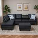Leather 3-Piece L-Shaped Sectional Sofa with Storage Ottoman & Movable Chaise - Modular Convertible Couch for Living Room, Bedroom & Small Apartment, Jet Black