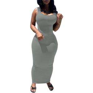 PINSV Women's Sexy Bodycon Tank Dress Basic Sleeveless Long Maxi Dresses Party Club Beach Sundresses Dark Grey L 6605