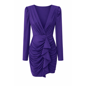 Women's Sexy V Neck Wrap Dress Long Sleeve Ruched Cocktail Party Bodycon Mini Dress, Small