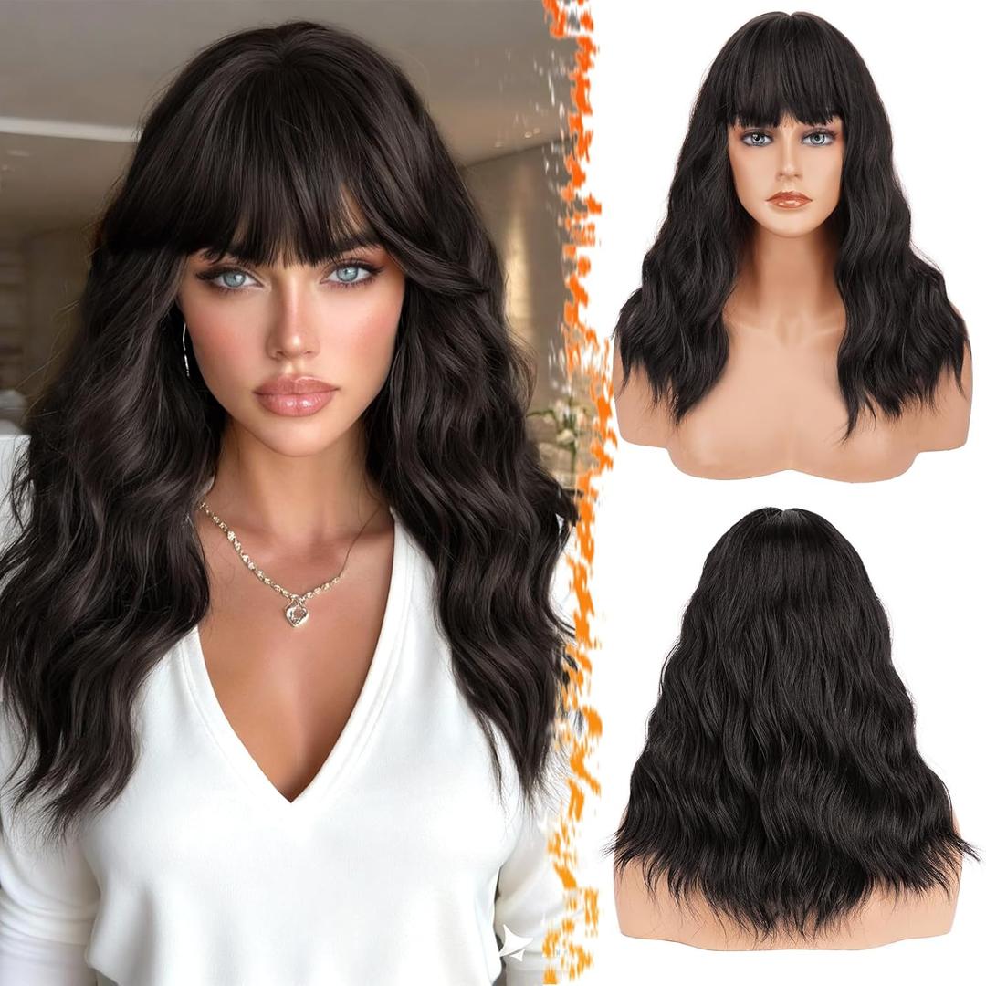 BARSDAR 18 Inch Wavy Dark Brown Wig With Bangs - Medium Length Brown Wig With Bangs for Women, Natural Wavy Curly Synthetic Shoulder Length Wigs Daily Party Halloween