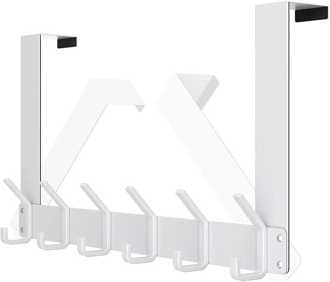 evory Over The Door Hook Rack,6 Hanger Hooks for Clothes Towels Coat ，Foldable Over Door Coat Rack for Bathroom(White)