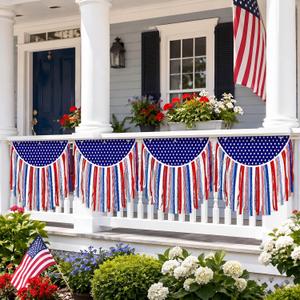 4 Pack Patriotic Rag Flags with Flagpole, 1.7x1.3ft 4th of July Decor Vintage American Flag Bunting Red White and Blue Ribbon Tassel Hanging Banner for Independence Day 250 Anniversary Decor