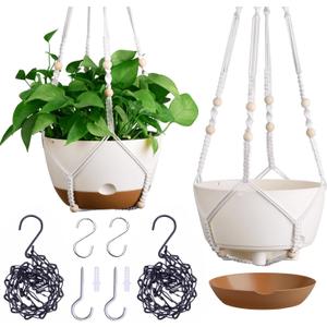 montresor Set of 2-8 Inch Hanging Planters for Indoor Plants with Self-Watering Includes Hanging Pots for Plants, Outdoor Plant Pot with Drainage, and 2 Types of Hanging Baskets Hangers (White)