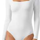 Women Sexy Square Neck Thong Bodysuit Long Sleeves Double Lined Tank Tops Body Suits Outfits for Going Out (M)