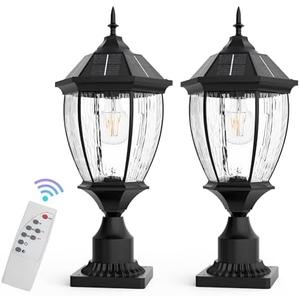 Jandov Solar Lamp Post Lights Outdoor with Remote, 20.8" Large Black Aluminum LED Solar Column Light with Pier Mount Base, Dusk to Dawn Waterproof Pole Lights for Pillar, Gate, Fence, Driveway(2 Pack)