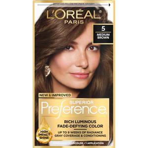 L'Oreal Paris Superior Preference Luminous Fade-Defying Permanent Hair Color, Hair Dye For Up to 9 Weeks of Radiance, Medium Brown 5, 1 Hair Dye Kit
