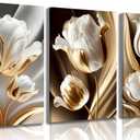 3Pcs Abstract White Gold Floral Canvas Wall Art Modern Luxury Minimalism Painting Pictures Wall Decor tulip Plants Posters Prints Artwork for Living Room Bedroom Office Home Decoration 16 x 24in