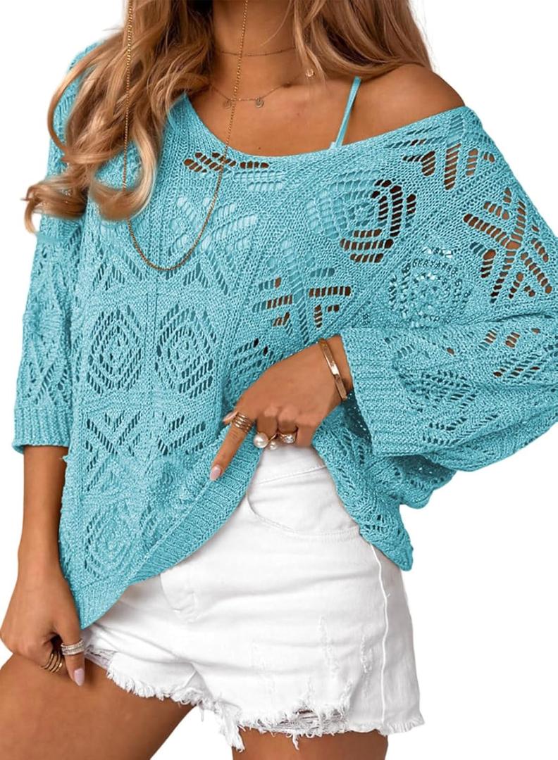 Dokotoo Women's 2026 Spring Summer Crochet Hollow Out 3/4 Sleeve Pullover Sweater Off Shoulder T-Shirts, Size Large
