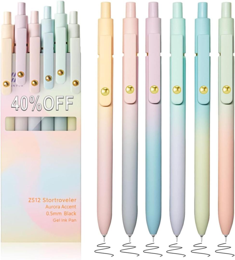 6pcs Gel Pens,40off, 0.5mm Fine Point Black Ink Pens With Smooth Writing,Premium Cute Rolling Ball Pastel Aesthetic Comfort Grip for School Office Supplies (Gradient Color)