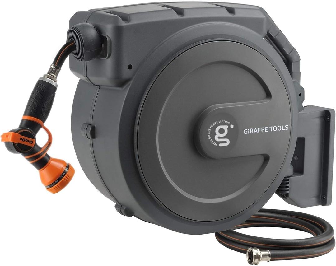 Giraffe Tools Retractable Garden Hose Reel 1/2 Inch x 130 ft, Super Heavy Duty, Any Length Lock, Slow Return System, Wall Mounted and 180 Deg Swivel Bracket 1/ 2"130 ft
