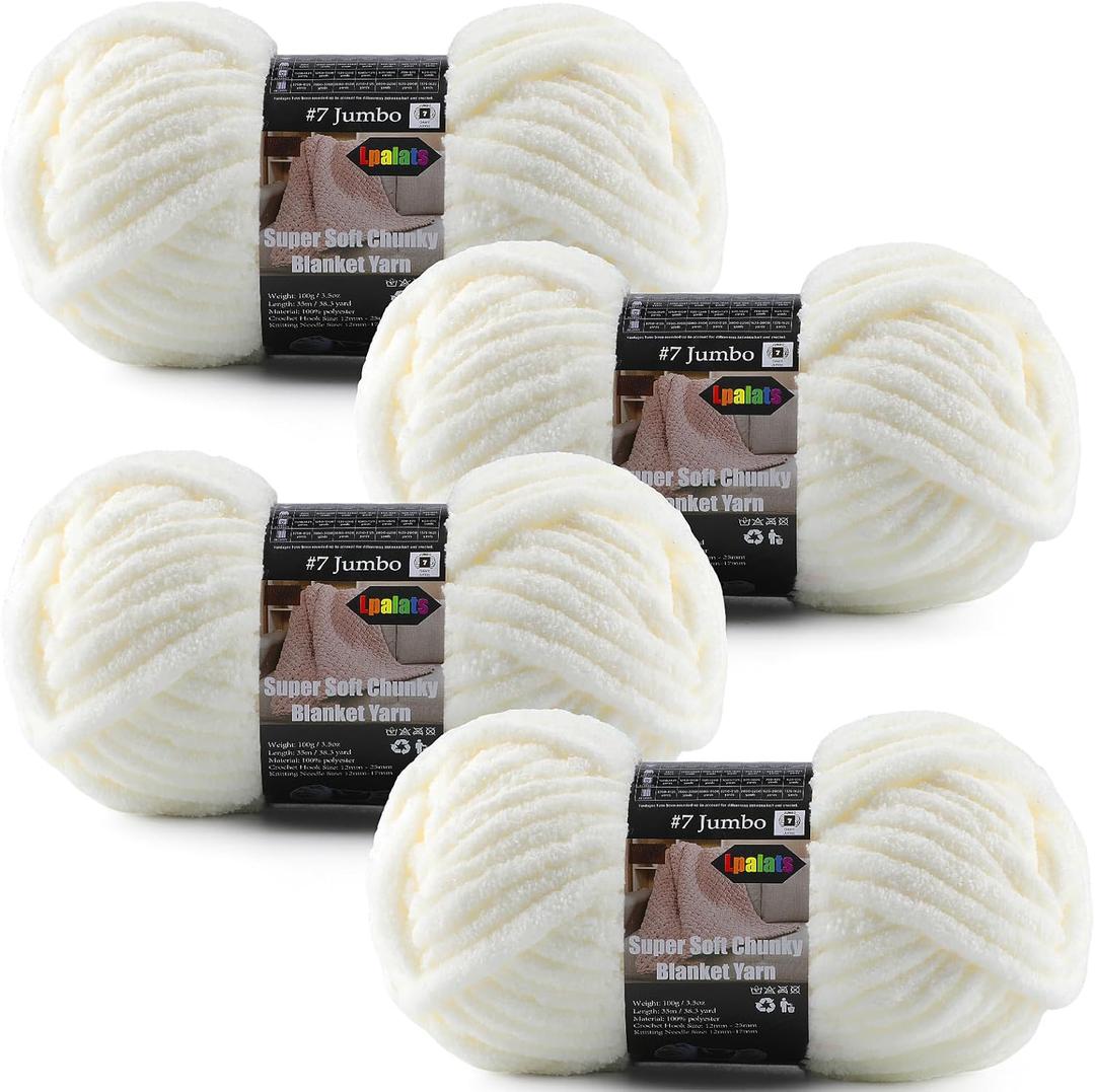 4-Pack Chunky Yarn for Crocheting Blankets & Big Projects - 14oz/152.8yd Total, Ultra Soft & Bulky Chenille Yarn, Perfect for Blankets, Amigurumi, Cream