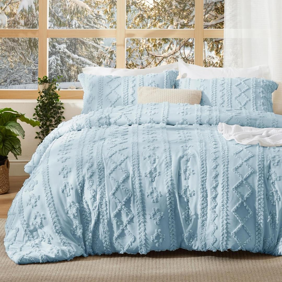 Bedsure Tufted Boho Comforter Set Queen Size - Light Blue Boho Bed Set, GentleSoft 3 Pieces Farmhouse-Style Embroidery Bedding, Gifts for Woman, Soft Jacquard Queen Comforter for All Seasons
