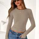 PRETTYGARDEN Women's Fall Long Sleeve Shirts Basic Tees (Light Khaki,S) | Comfy Stretchy Ribbed Fabric, Slim Fitted Underscrub, Crewneck Going Out Tops, Plain Layering Clothes, Spring Casual Outfits
