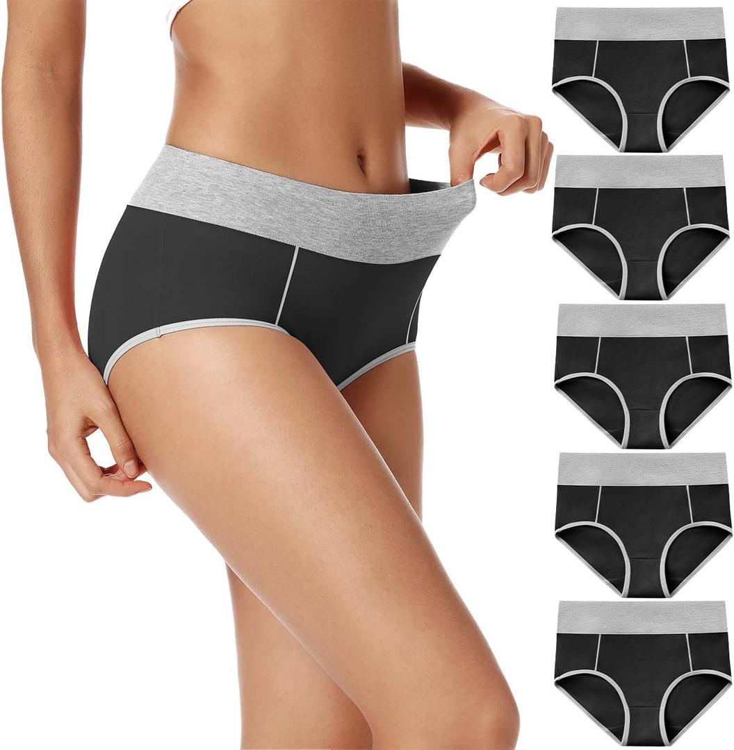 POKARLA Womens Cotton Underwear High Waist Full Coverage Briefs Soft Breathable Postpartum Panties Stretch Underpants (Small, Black-5pack)