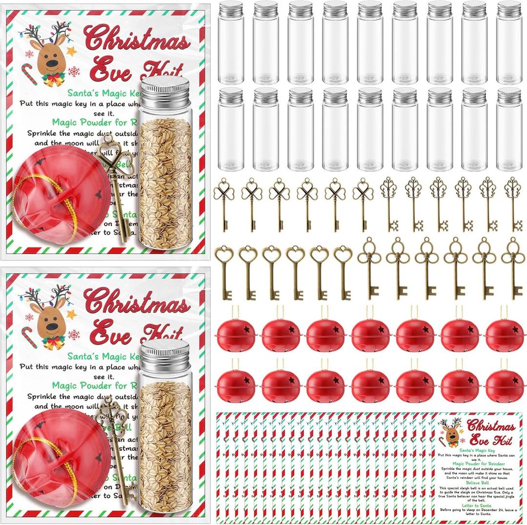 24 Set Christmas Eve Kit Santa Bell Santa's Magic Key Magic Reindeer Food Glass Jar Red Bell Xmas Key for Christmas Party Favor Eve Present for Family Stocking Stuffer Tree