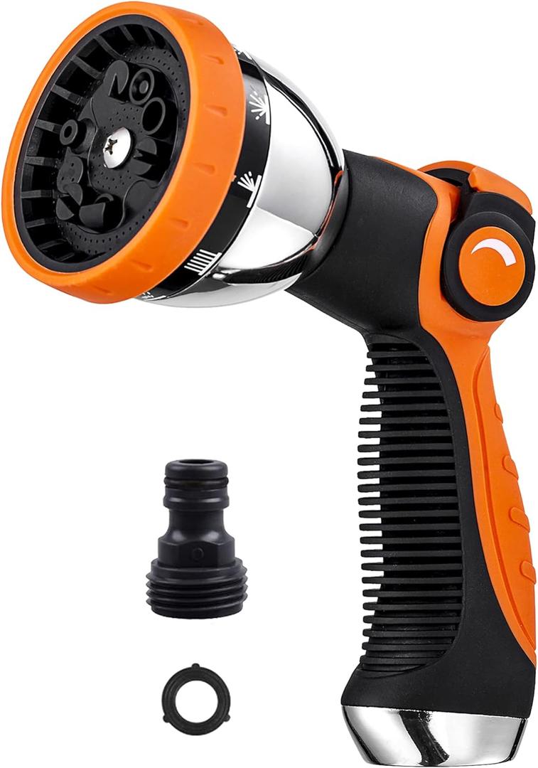 Garden Hose Spray Nozzle,10 Hose Metal Duty Watering Patterns Thumb Control On Off Valve, High Pressure Nozzle Sprayer for Plants, Car Wash,Cleaning,Showering Pets (Orange)