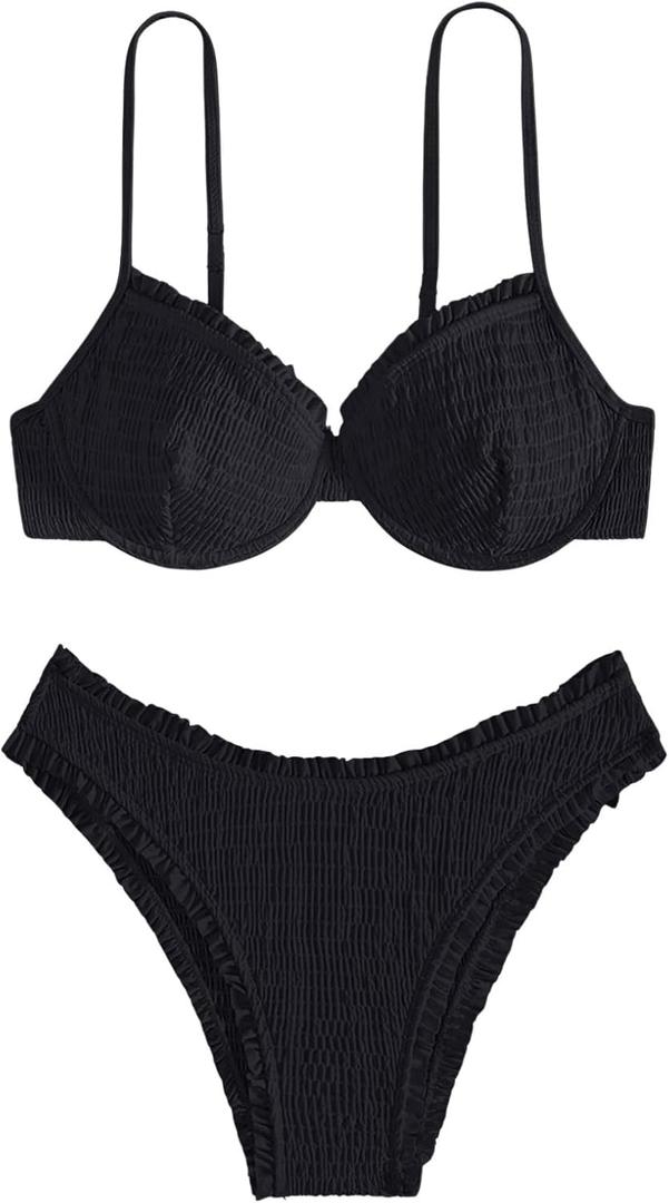 SweatyRocks Women's Bikini Sets for Women Textured Push Up Bathing Suits 2 Piece Swimsuit (Medium, Black)