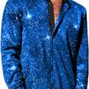 WDIRARA Men's Sheer Mesh See Through Glitter Button Front Long Sleeve Shirt Tops (XX-Large, Deep Blue)