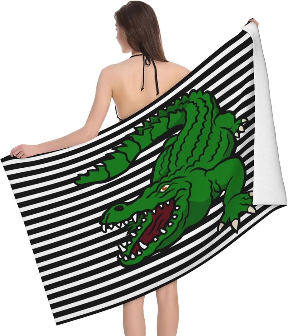 Beach Towel with Green Alligator Design On Black and White Stripes, Microfiber,52x32 Inch, for Pool, Beach, Travel, Outdoor