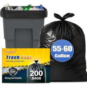 55-60 Gallon Black Trash Bags 200 Bags by RayPard Extra Large Multi-Use Heavy Duty Commercial Garbage Bags, Lawn And Leaf Bags, Outdoor Yard Waste Bag, Contractor Workshops Trash Bin Liner