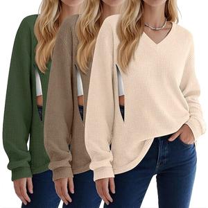 Sweetyweee 3 Pack Women's Oversized Nursing Tops Waffle Knit V Neck Breastfeeding Long Sleeve Shirts Hidden Zipper Sweatshirt(Beige, Brown, Green,Small)
