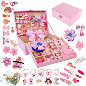 Hair Accessories Set with Jewelry Box - Hair Clips, Barrettes, Ties, Bows for Girls Ages 3-12