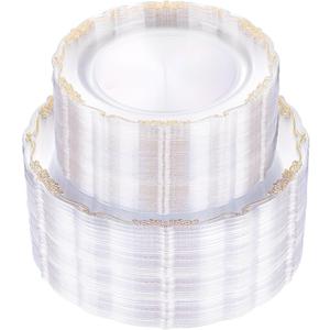 U-QE 100PCS Clear Gold Plastic Plates - Disposable Heavy Duty Clear Plates with Gold Rim Including 50PCS 10'' Dinner Plates & 50PCS 7.5'' Dessert Plates Perfect for Party, Weddings