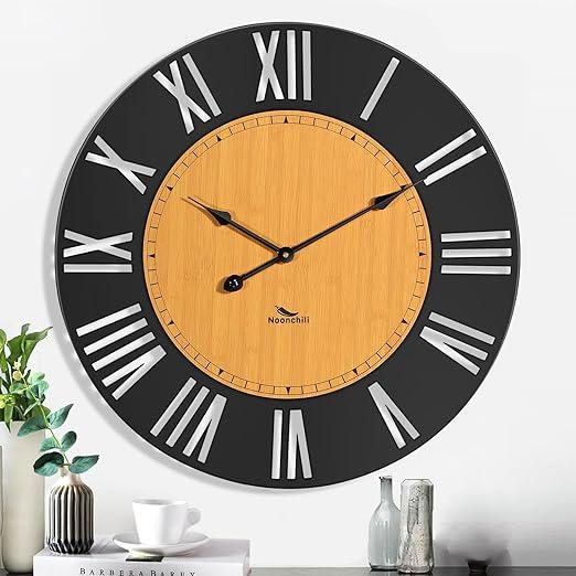 24 inch Large Thickened Frame Metal Large Wall Clock, Black Wall Clock with Hook, Battery Powered, Round Silent Roman Numeral Wall Clocks for Living Room, Kitchen, Bedroom, Home Decor