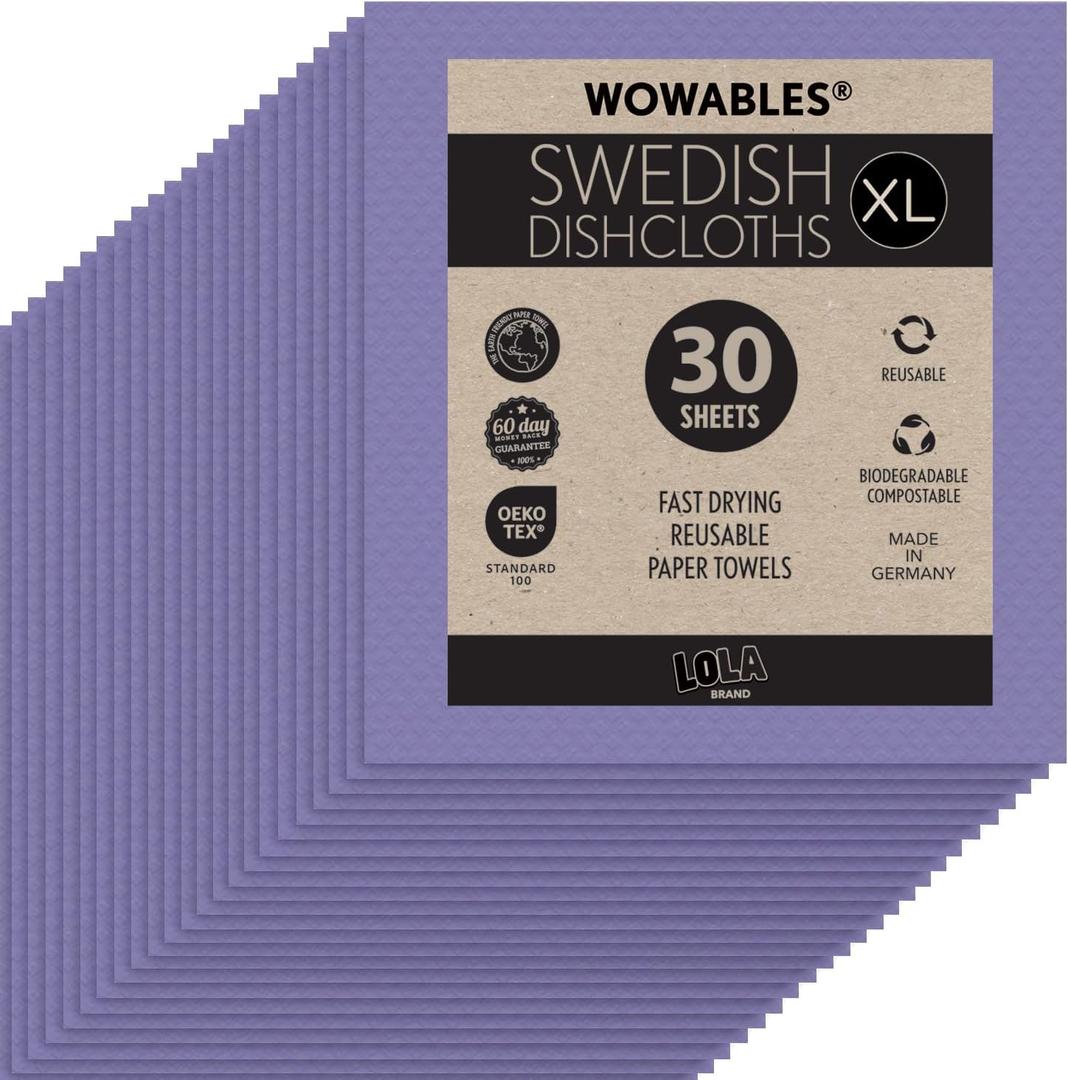 Swedish Dishcloths for Kitchen XL, 30 Sheet Roll, Biodegradable & Compostable, Reusable Paper Towel Cleaning Cloths, 11" x 10", No Odor, Washing Dishes, Ultra Absorbent Cellulose Sponge Towel, By LOLA (Wild Violet)