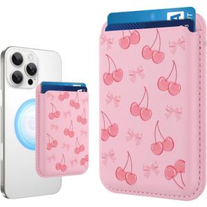 Compatible with MagSafe Wallet, Cute Bow Cherry Pattern for Women Girls, Stronger Magnetic Card Holder Phone Wallet for iPhone 16/15/14/13/12 Series, Fit 2 Cards, Pink