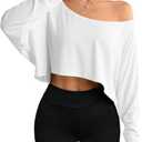 Hilinker Womens Off Shoulder Long Sleeve Crop Tops Sexy Boat Neck Loose Casual T Shirt (Small)