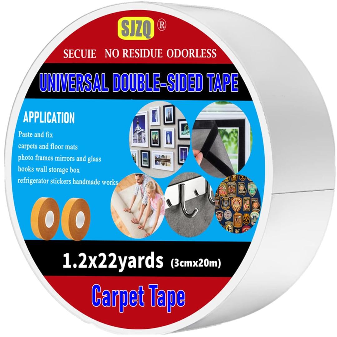Universal Double Sided Tape Heavy Duty, Instant 15lb Strong Hold multi-role Adhesive Tape As Rug Tape Grippers Carpet Tape Hanging Photo Frame, mirror, Poster Mounting Tape Residue Free 1.2inx22 yd