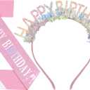 Birthday Headband with Sash for Women, Birthday Crwon Tiara for Decorations