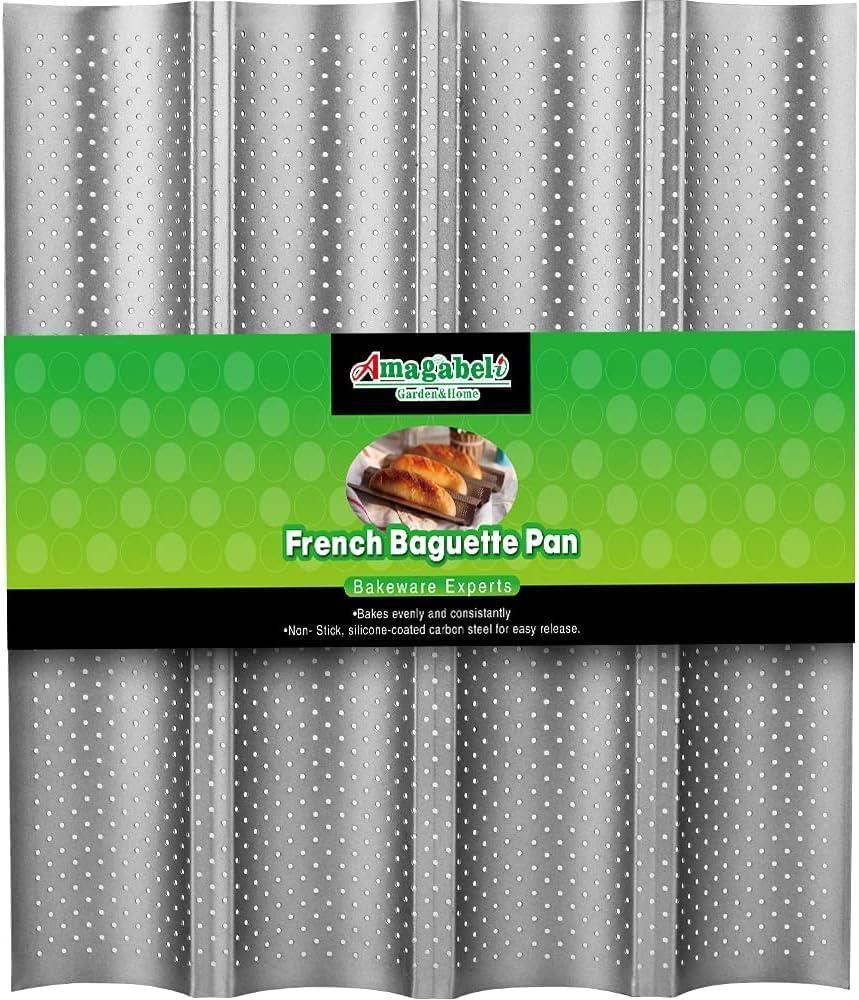 AMAGABELI GARDEN & HOME Baguette Bread Pan 15" x 13" Nonstick Perforated Baguette Tray French Bread Baking 4 Wave Loaf Bake Mold Toast Cooking Baker Molding Gutter Oven Toaster Dishwasher Safe Silver