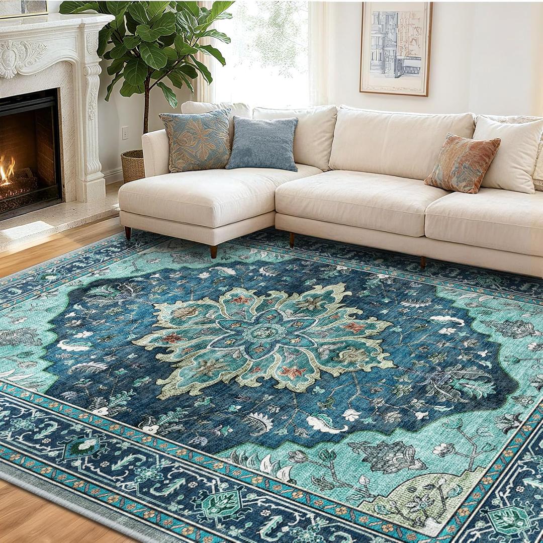 Area Rugs 8'x10' Washable Vacuum Cleaner Friendly, Non-Slip, Floral Vintage Distress Print Pattern Medallion Carpet for Living Room BedroomTeal Green Lake Blue Turquoise