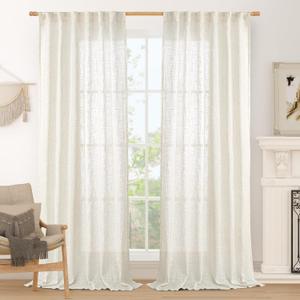 LAMIT Cream Linen Curtains 84 inch Length 2 Panels, Light Filtering Semi Sheer Panels Back Tab and Rod Pocket Neutral Boho Drapes for Living Room/Bedroom, 52 x 84 Inch