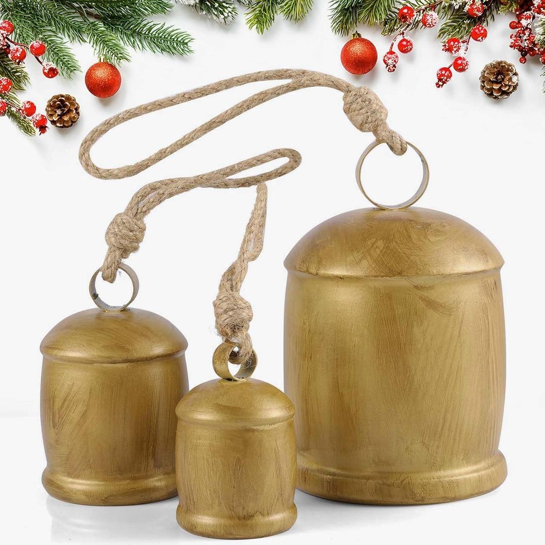 Rowfad 3 Pcs Harmony Cow Bells Vintage Christmas Gold Bells, Decorative Large Rustic Hanging Bell Ornaments for Christmas Mantel Garlands Table Centerpiece Set of 3 (3)