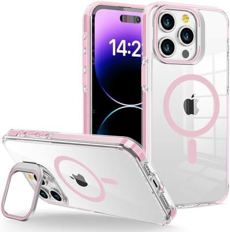 WOGROO iPhone 15 Pro Max Case [Compatible With MagSafe], Magnetic Kickstand for Women Girls, 6.7", Clear Pink