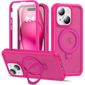 Compatible with iPhone 15 Plus Case with Magnetic Ring Stand [Compatible with Mag-Safe] [Built-in Screen Protector] Military-Grade Drop Protection Matte Translucent Phone Case, Rose Red